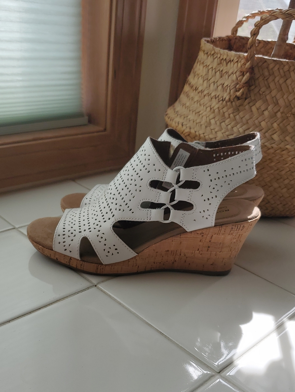 Rockport Cobb Hill White Leather Perforated Cork Wedge Sandals